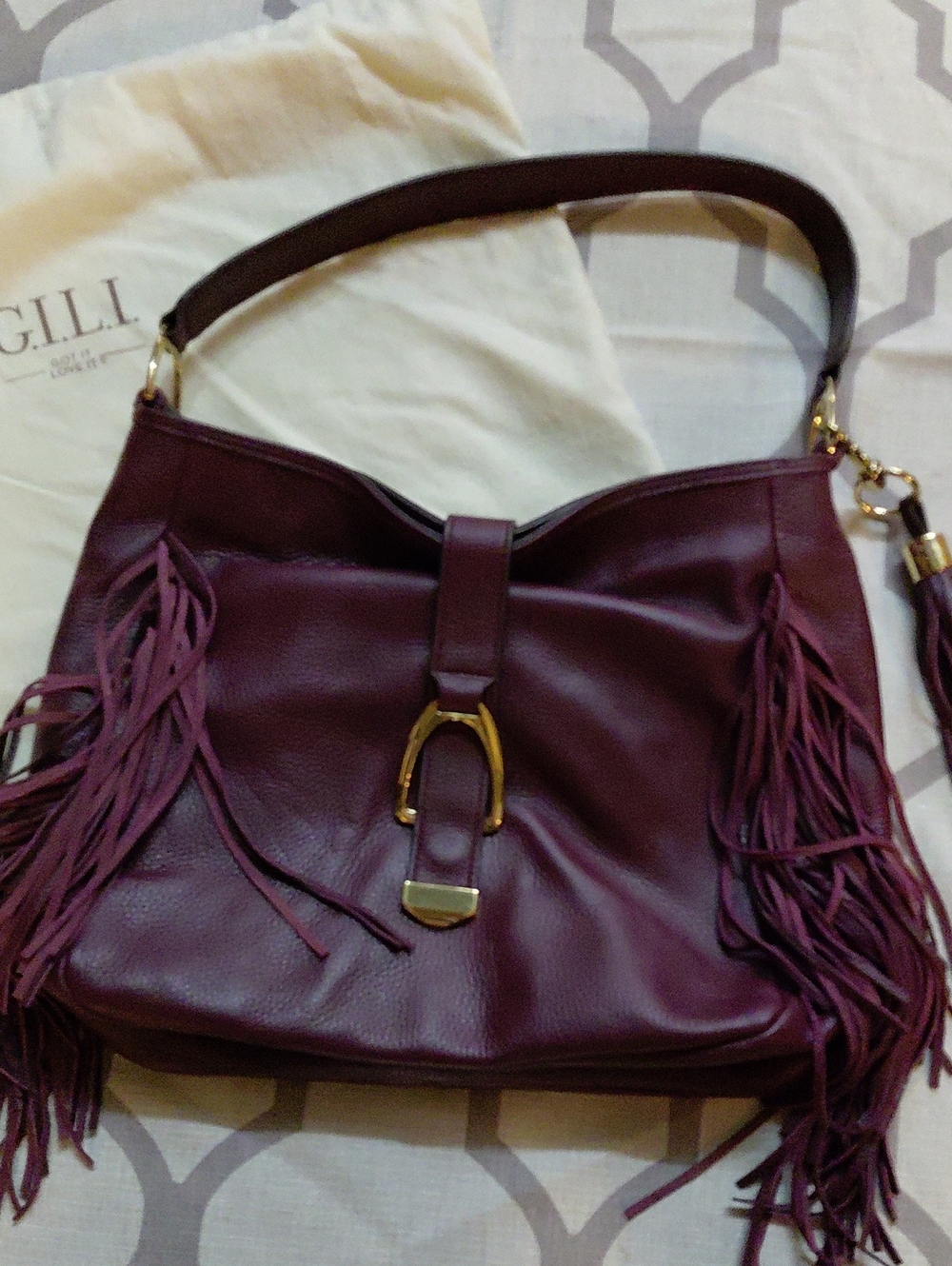 GILI Burgandy Leather Tassle Bag W Dust Bag